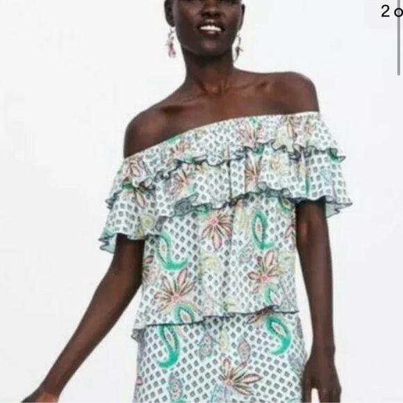 Zara floral paisley off the shoulder tiered ruffle blouse top small - Picture 2 of 7